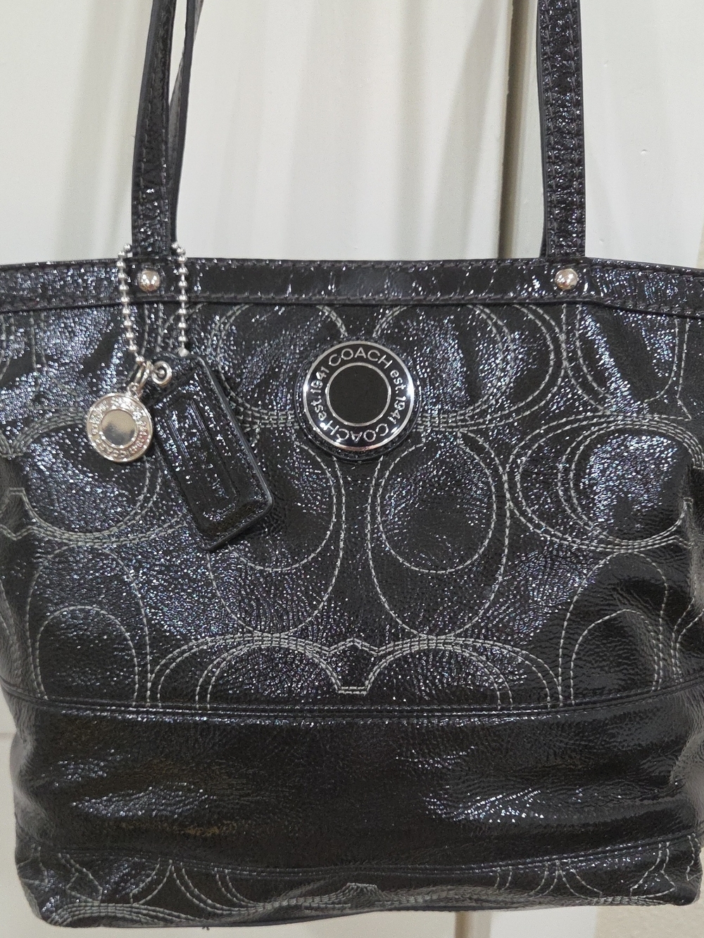 Coach Black Patent F19198 Signature Circle Tote with Silver Hardware